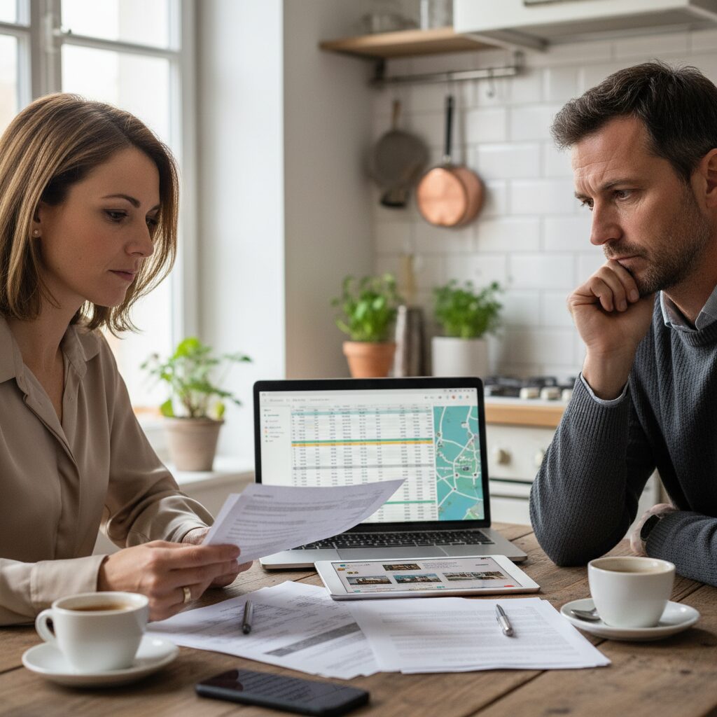 Couple français analysant des documents financiers pour un projet immobilier