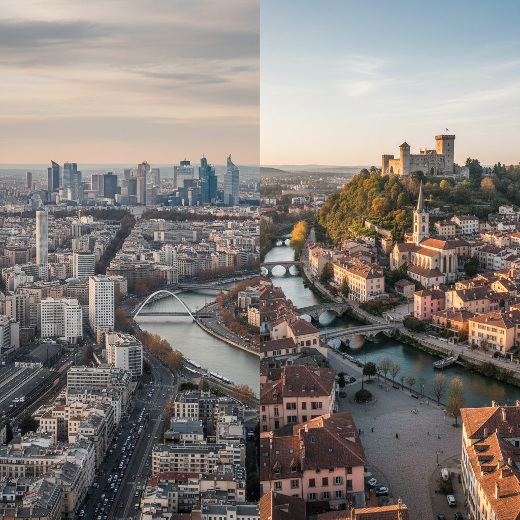 Comparaison visuelle entre grande métropole et ville moyenne française
