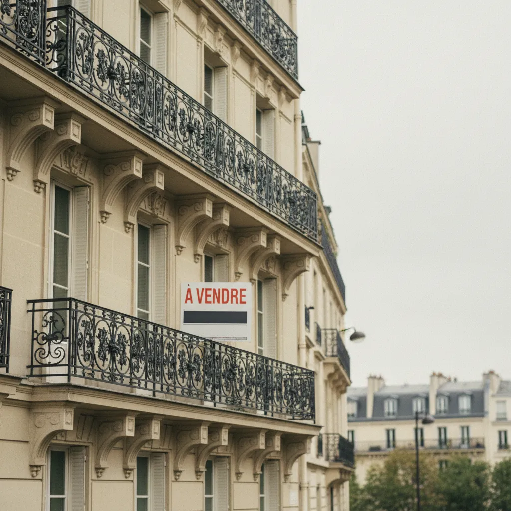 Immeuble haussmannien avec panneau de vente dans un arrondissement de l'ouest parisien