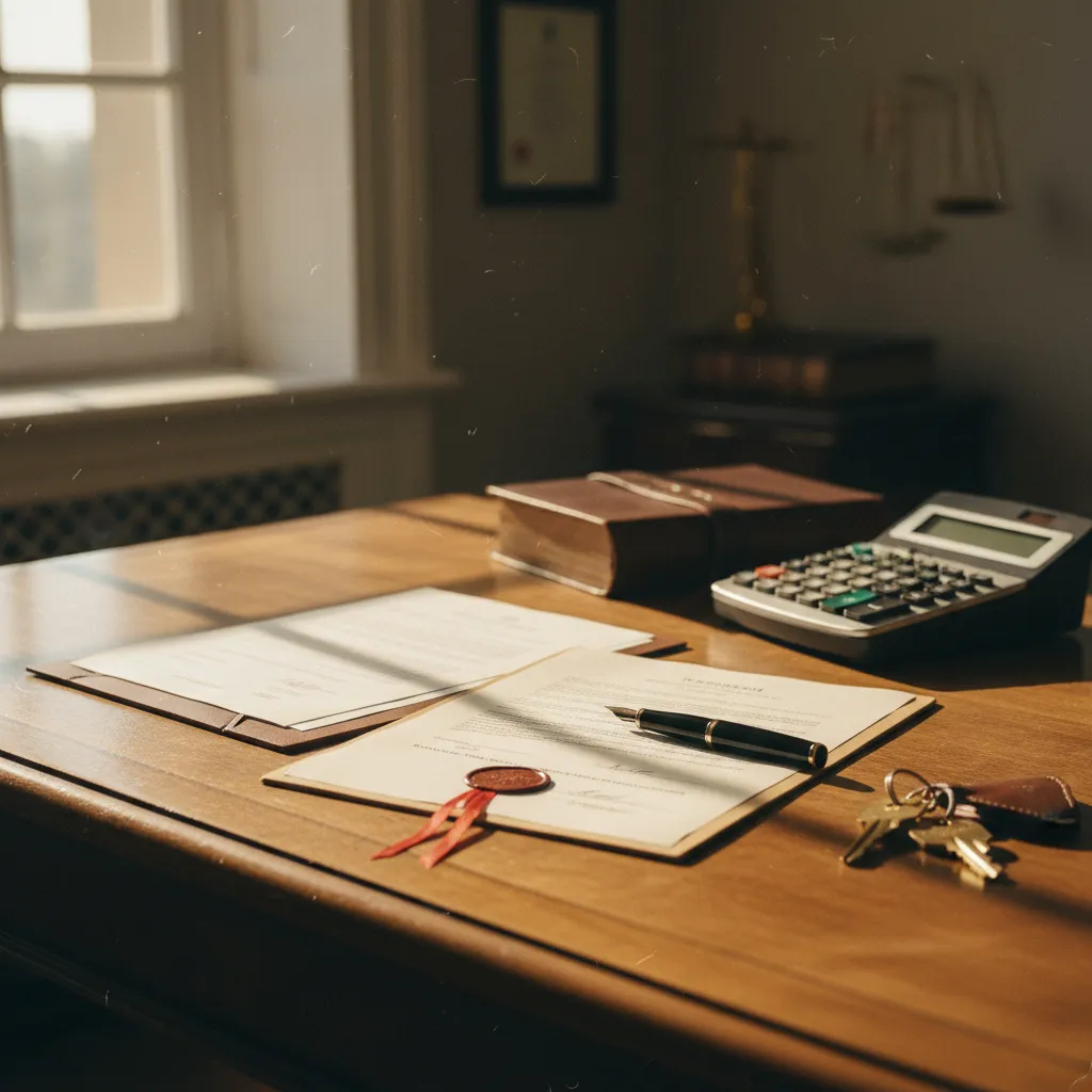 Bureau de notaire avec documents de vente immobilière prêts à la signature