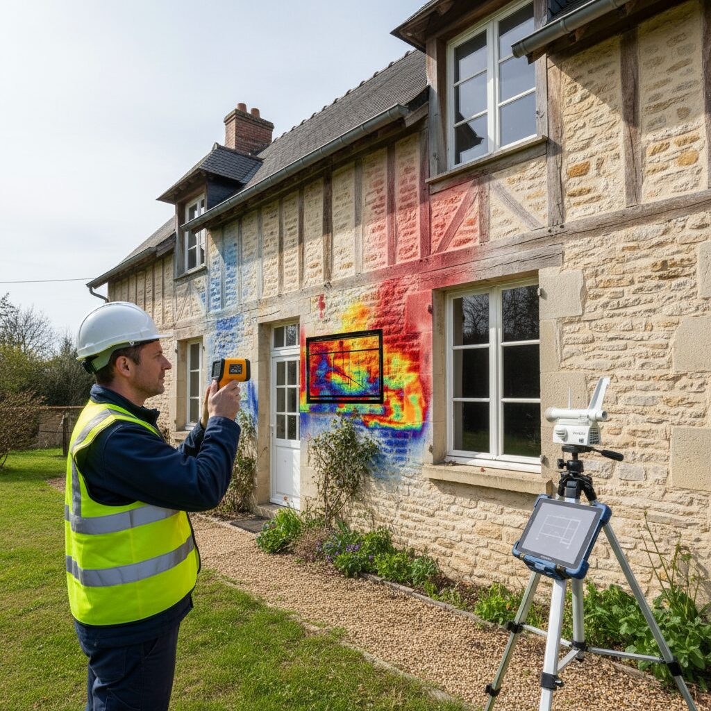 Technicien utilisant une caméra thermique pour détecter les déperditions sur une façade