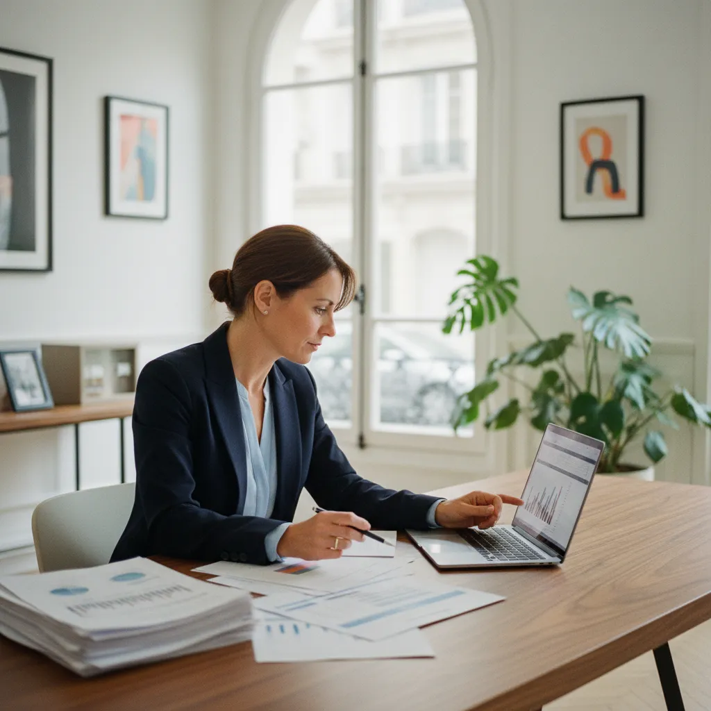 Gestionnaire locatif analysant les comptes rendus mensuels d'un portefeuille immobilier