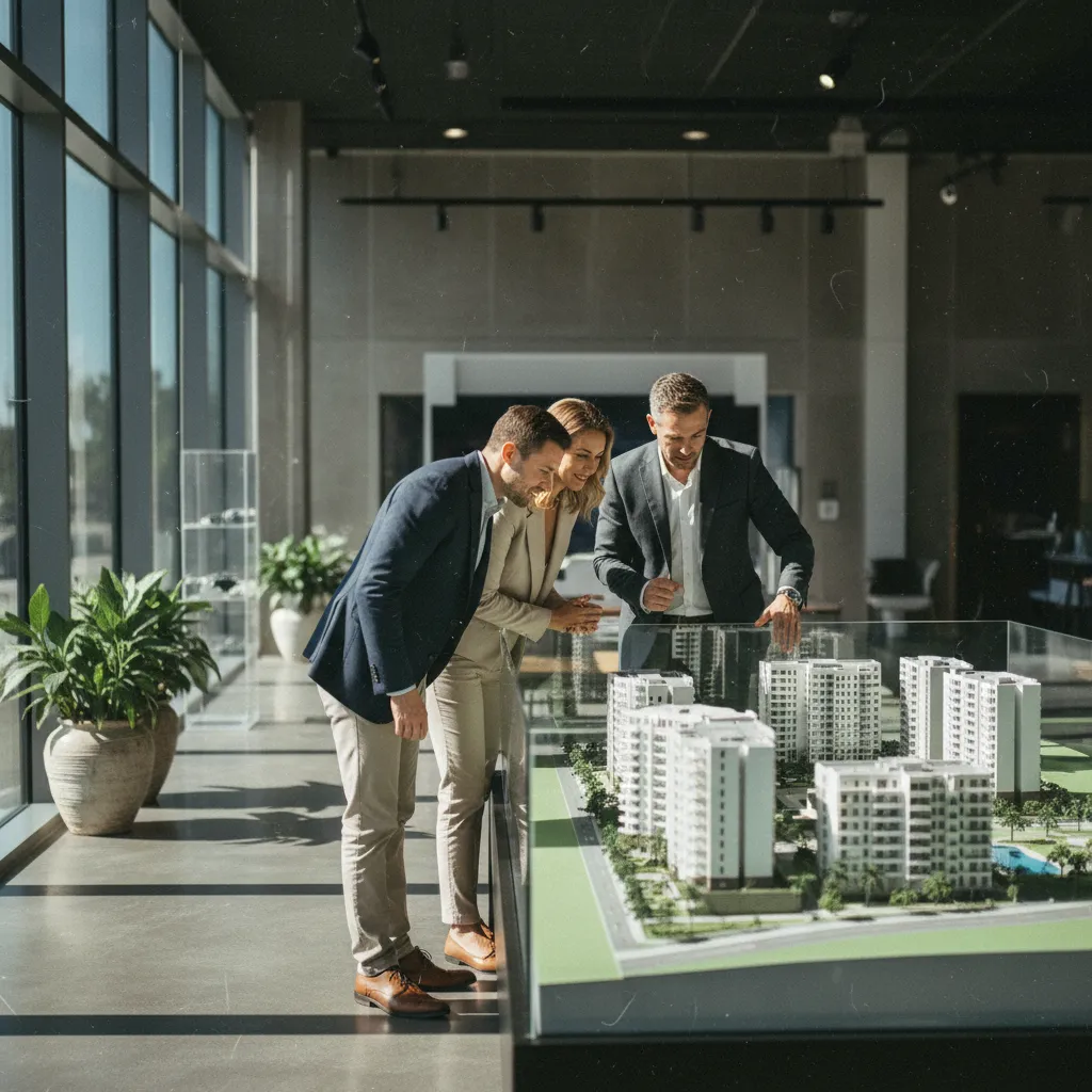 Des acquéreurs potentiels étudient la maquette d'un programme immobilier neuf