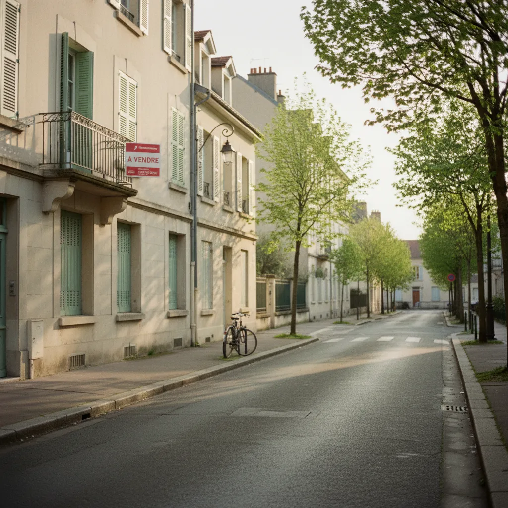 Rue résidentielle d'une ville moyenne française avec un panneau de vente