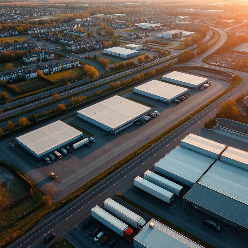 Vue aérienne d'un parc logistique situé sur un nœud autoroutier européen