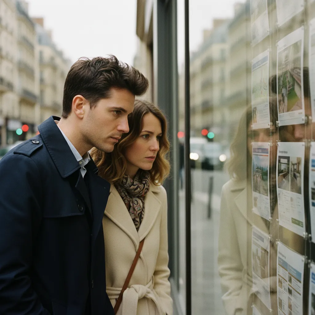 Acheteurs scrutant les annonces en vitrine d'agence : la prise de décision prend plus de temps dans un marché incertain