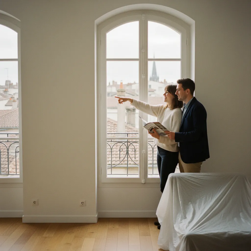 Un couple de primo-accédants visite un appartement rénové dans le centre-ville d'une agglomération de taille intermédiaire