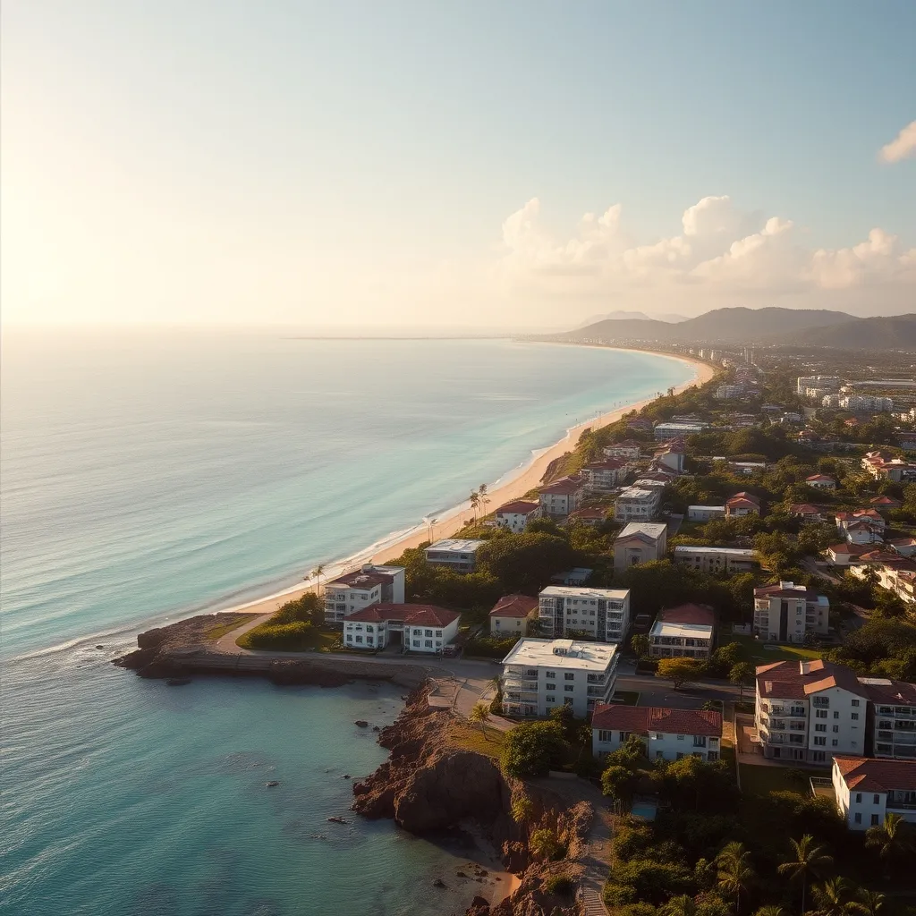 Vue aérienne du littoral guadeloupéen et de ses quartiers résidentiels