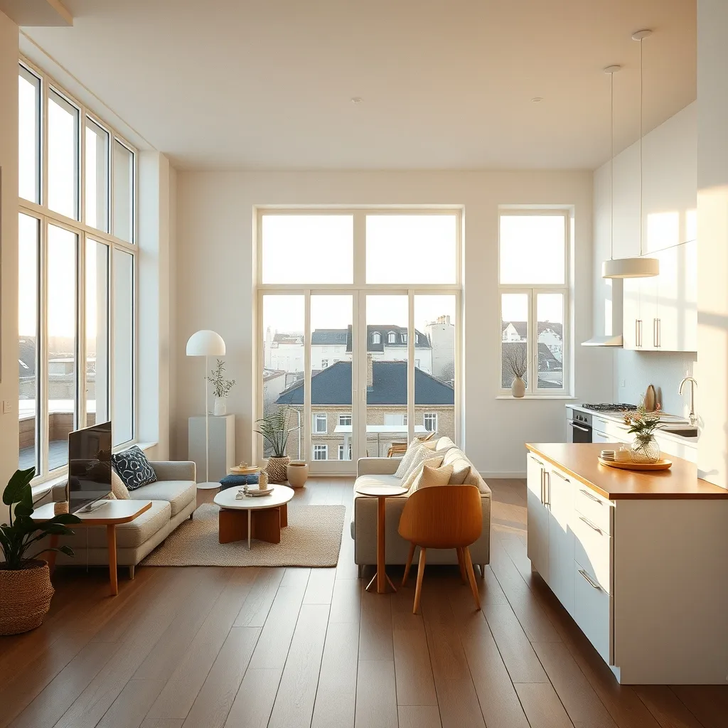 Intérieur d'un appartement rénové à Lorient avec vue dégagée sur les toits
