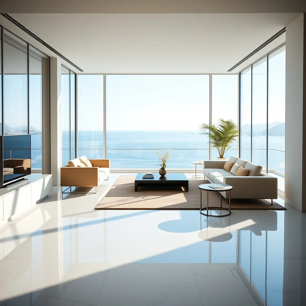 Intérieur d'un appartement monégasque avec vue mer panoramique