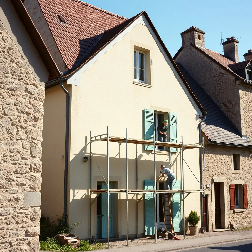 Façade d'une maison individuelle en cours de rénovation avec échafaudage et couverture neuve