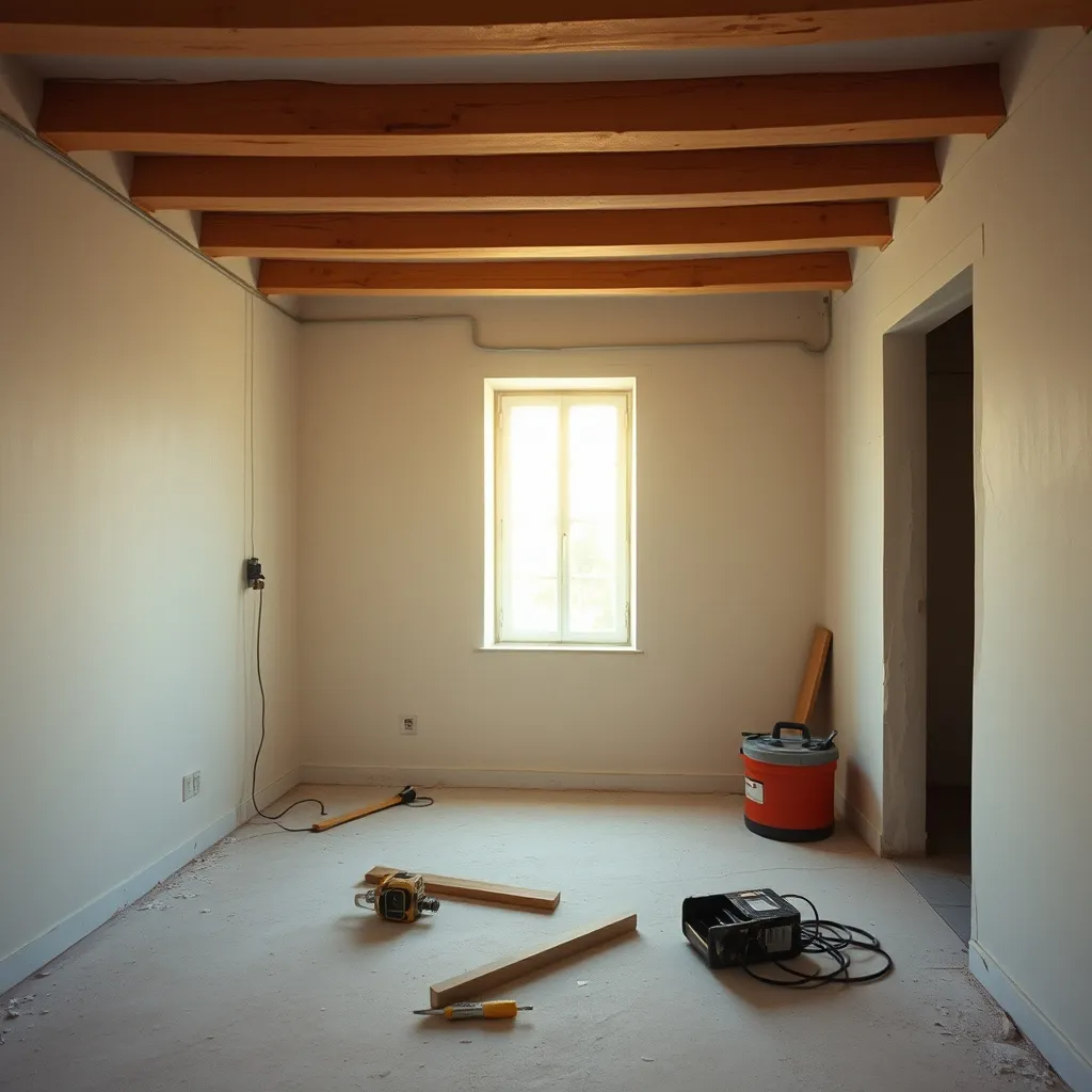 Intérieur d'une maison en rénovation : poutres apparentes, enduits neufs et réseaux en cours de pose