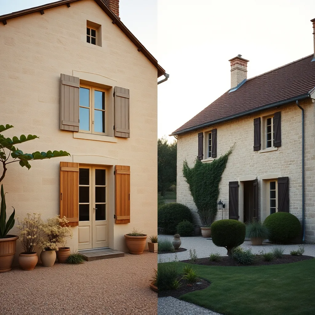 Longère rénovée : façade en pierre restaurée, volets bois neufs et jardin paysager