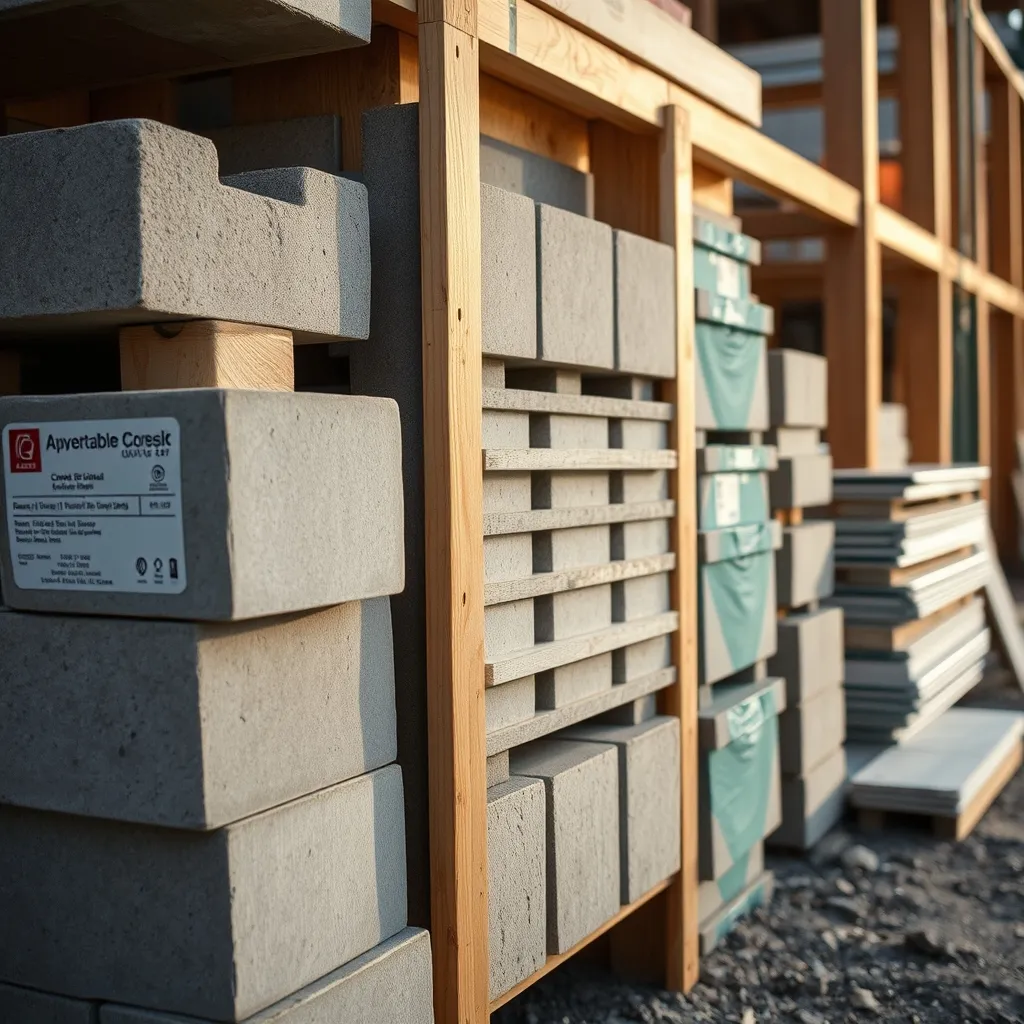 Matériaux de construction sur chantier : parpaings, bois de charpente et panneaux isolants
