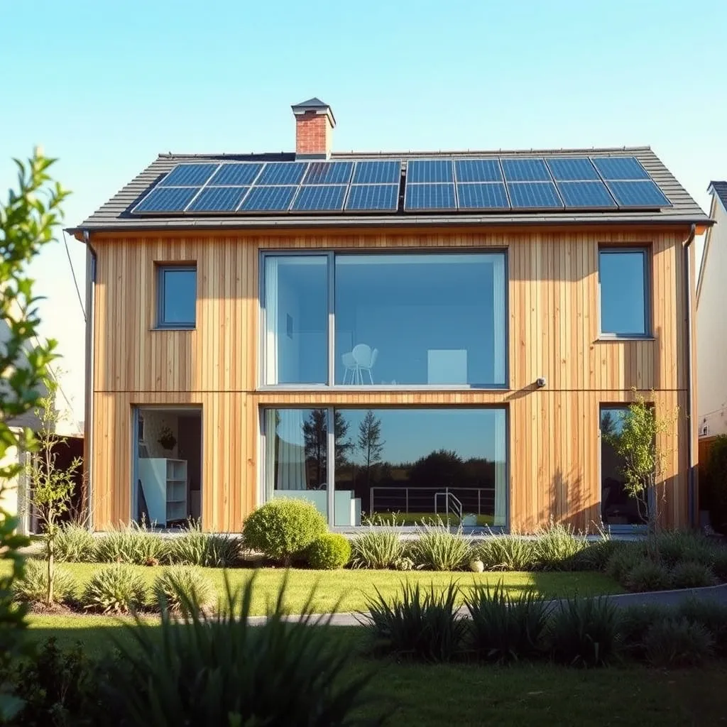 Maison passive achevée avec bardage bois, larges baies vitrées au sud et panneaux photovoltaïques en toiture