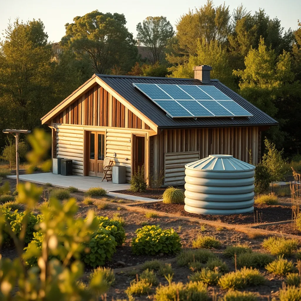 Maison écologique autonome équipée de panneaux solaires et d'un système de récupération d'eau de pluie