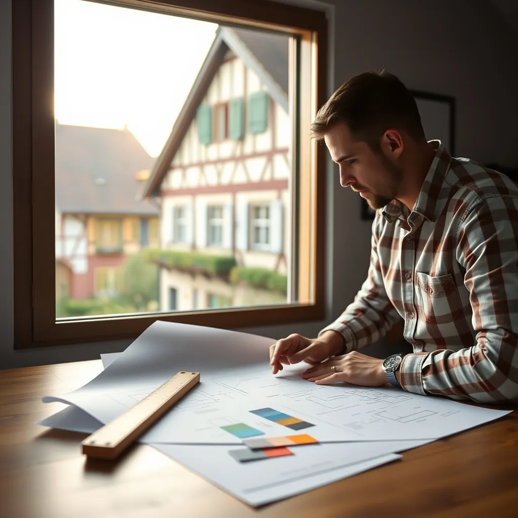 Étude des plans d'une construction maison alsacienne avec un architecte