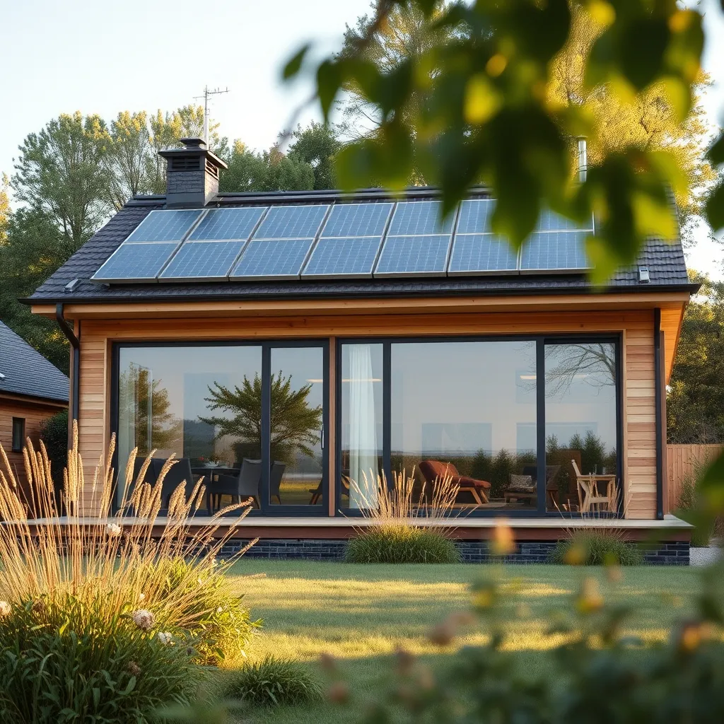 Maison bioclimatique achevée avec grandes baies vitrées orientées sud et panneaux solaires en toiture