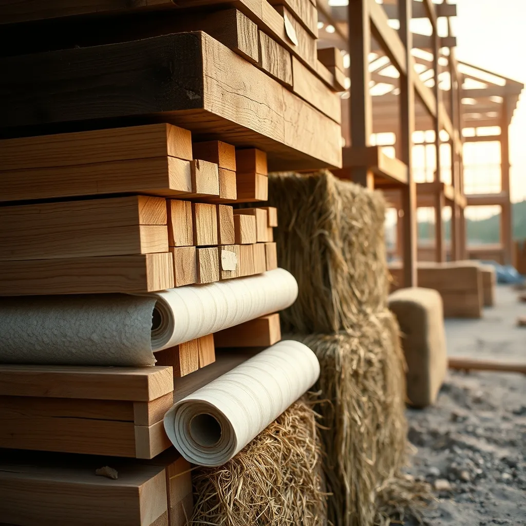 Matériaux biosourcés sur un chantier : poutres bois, blocs de chanvre, rouleaux de ouate de cellulose et bottes de paille