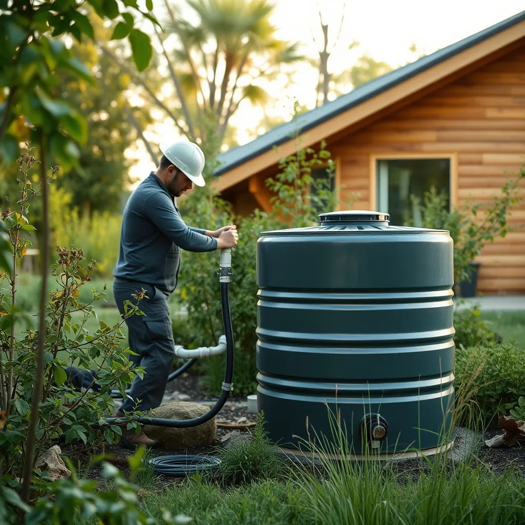 Installation d'une cuve de récupération d'eaux pluviales dans le jardin d'une maison écologique