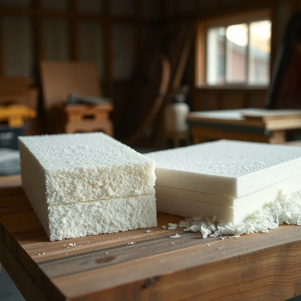 Échantillons de matériaux isolants courants : laine minérale, polyuréthane, fibre de bois et ouate de cellulose