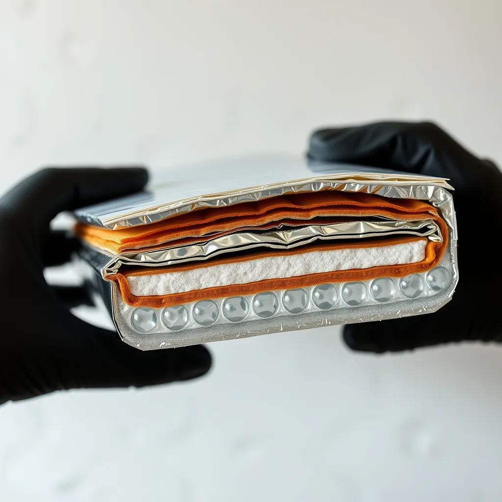 Coupe transversale d'un isolant mince multicouche révélant les couches d'aluminium et de mousse