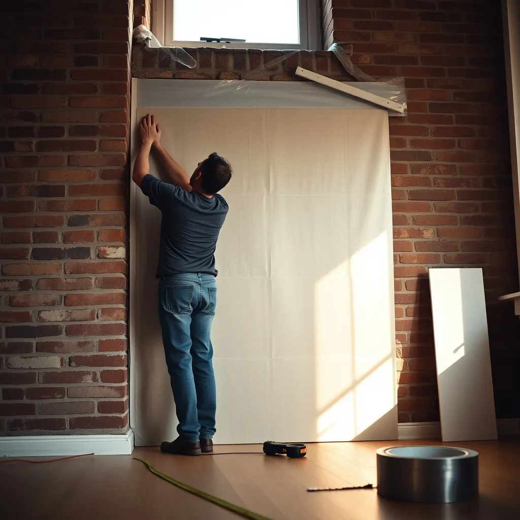 Pose d'une plaque isolante thermique autocollante sur un mur intérieur en cours de rénovation