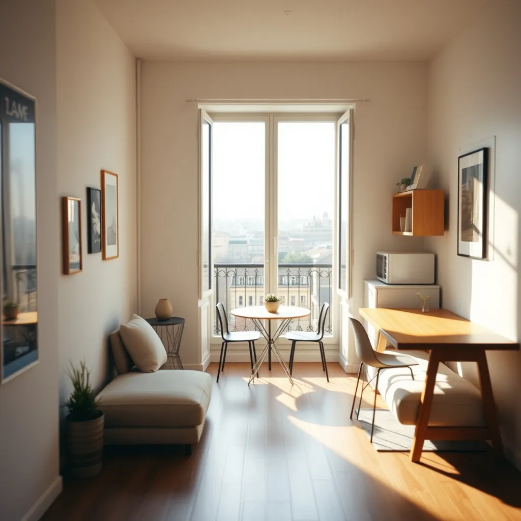 Intérieur d'un studio meublé rénové à Lyon, format idéal pour la location étudiante ou jeune actif