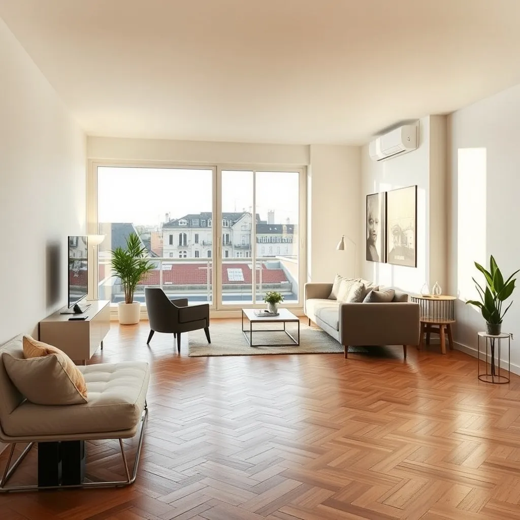 Intérieur lumineux d'un appartement rénové avec vue sur les toits de Metz