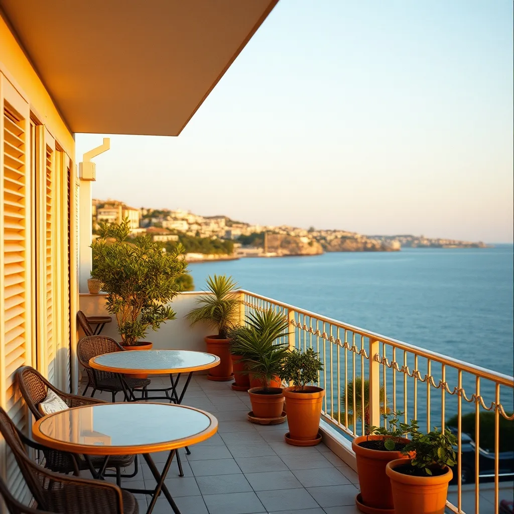 Terrasse d'un appartement face à la Méditerranée au coucher du soleil