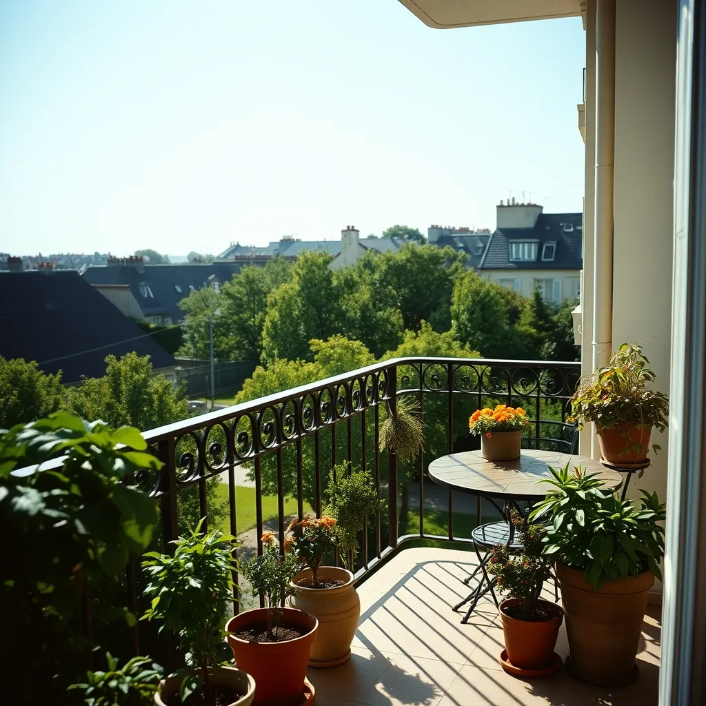 Balcon-terrasse d'un appartement vincennois avec vue sur les toits et la verdure