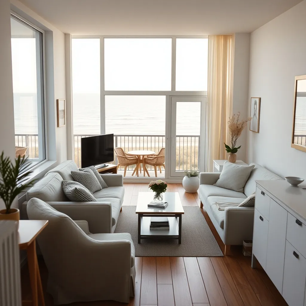 Intérieur lumineux d'un studio meublé avec vue mer à Cabourg, typique de l'offre locative en front de mer