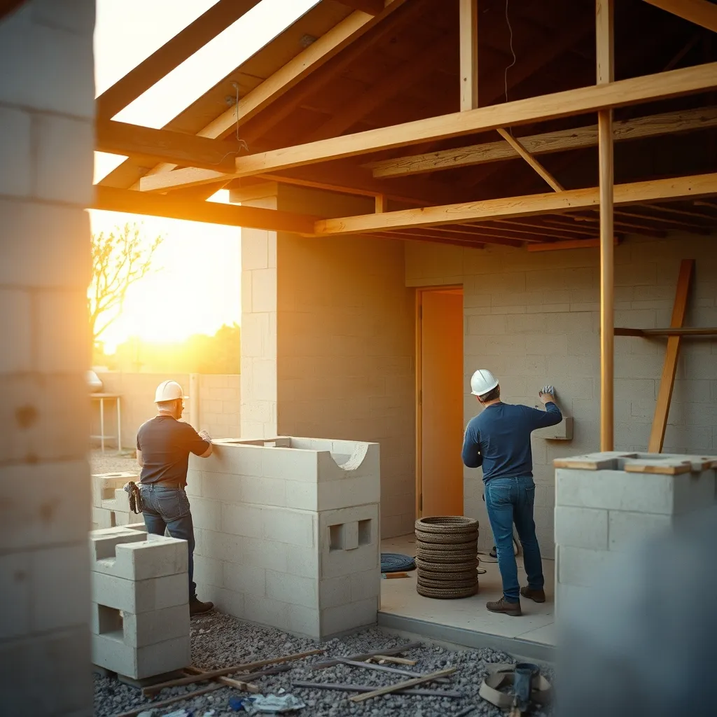 Chantier de construction d'une maison individuelle en parpaings dans le Calvados