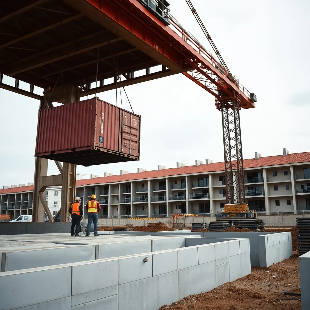 Levage d'un container maritime sur des fondations en béton lors du chantier de construction