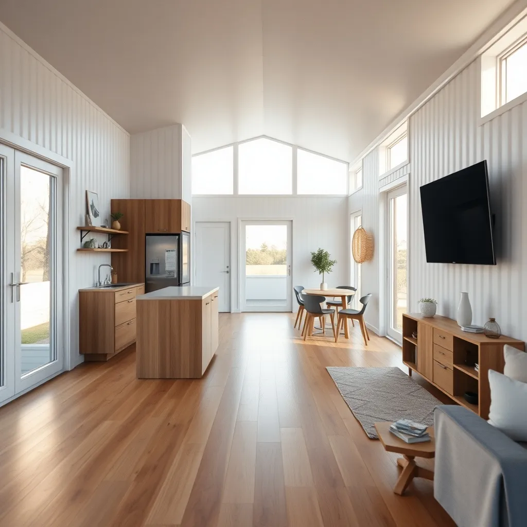 Intérieur lumineux d'une maison container aménagée avec cuisine ouverte et parquet