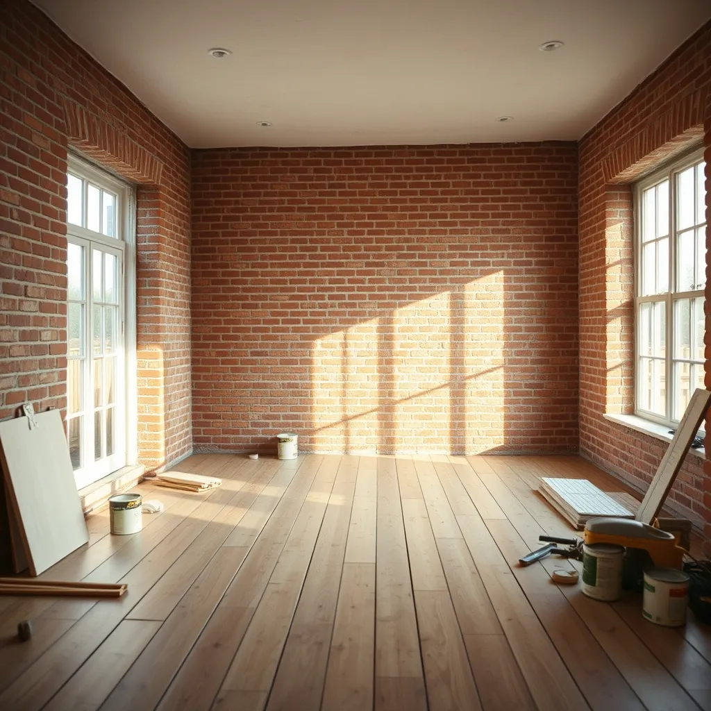 Rénovation intérieure en cours : parquet neuf et murs en pierre apparente