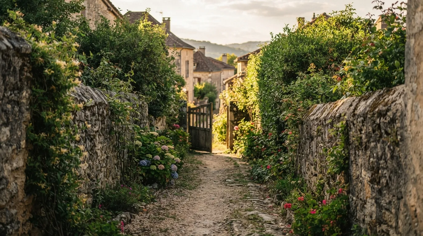 Un chemin de servitude de passage entre deux propriétés privées dans un village français