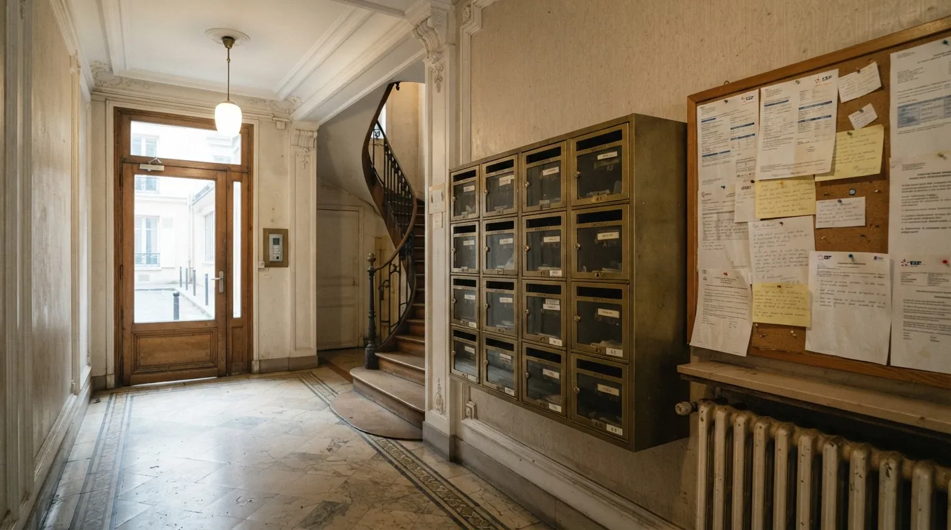 Décompte de charges dans le hall d'un immeuble collectif